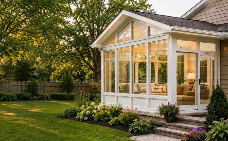 Sunroom exterior with the text “Choose the Right Sunroom Builder.”
